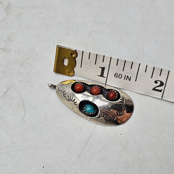 Vintage Navajo Clarence B. Tom? Sterling Silver Pendant Coral Turquoise Stones - Picture 6 of 6